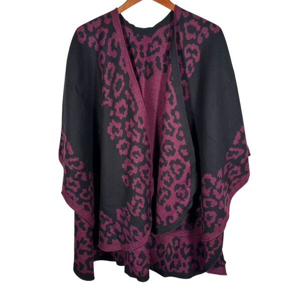 Molina by Jimmy Hourihan Burgundy & Black Leopard Print Poncho Cape Wrap Sweater - Picture 1 of 4